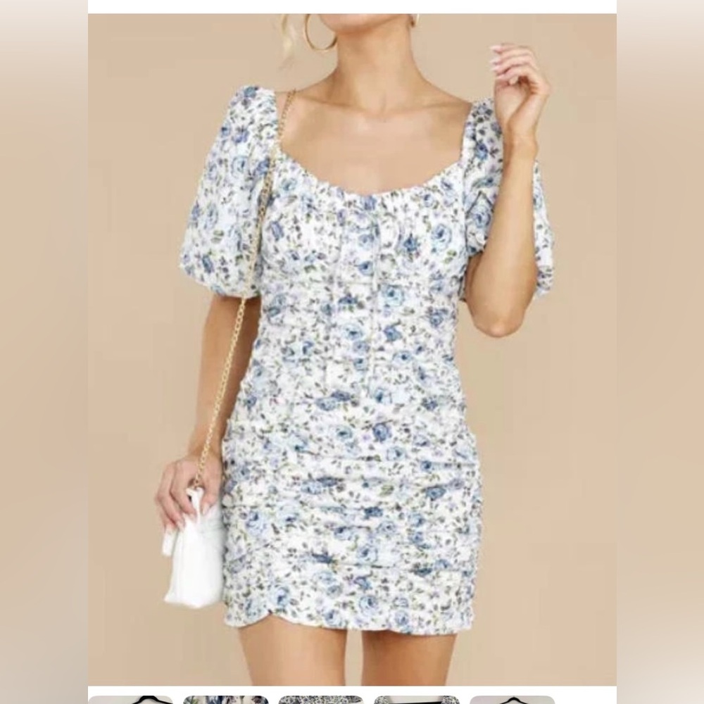 MABLE white blue floral ruched puff sleeve cotton mini dress Small